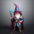 Gnome Wizard With Decorative Hat Holding Blue Gem Staff In Ornate Robe And White Beard