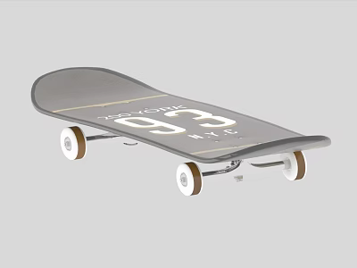 Stylish Gray Skateboard Deck With White Lettering And White Wheels With Brown Rims 3d model