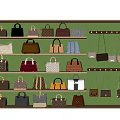 Stylish Handbags Display on Wooden Shelves with Green Backboard Featuring Various Styles and Multiple Colors