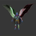 Winged Bald Character With White Black Wings In Brown Blue Outfit On Platform With Reflection