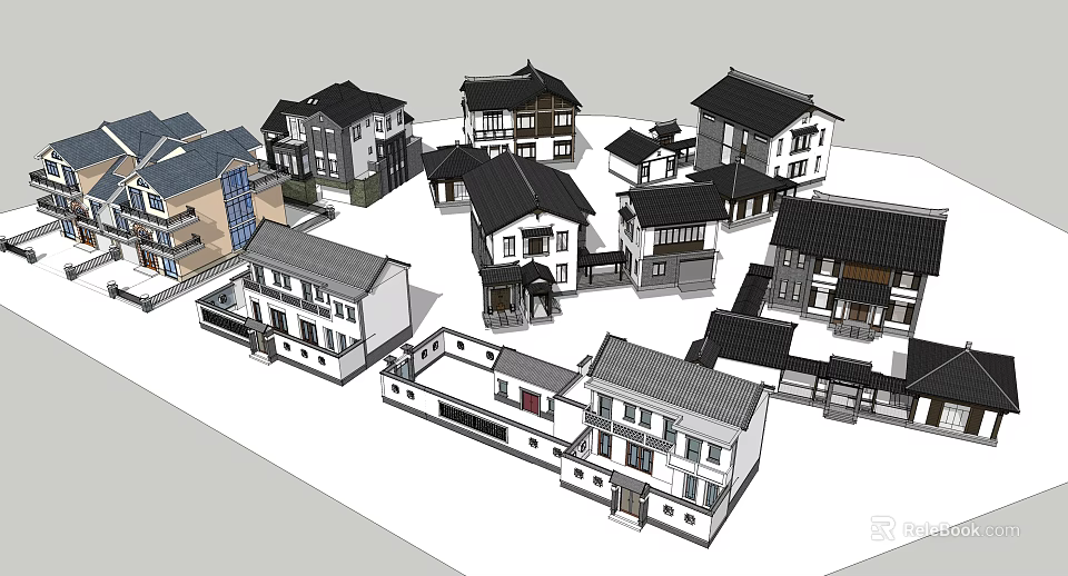 Chinese And Modern Style Residential Buildings With Black Roofs White Walls And Various Structures 3d model 