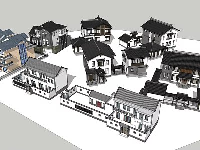 Chinese And Modern Style Residential Buildings With Black Roofs White Walls And Various Structures 3d model