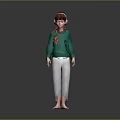 Barefoot Human Character In Green Sweater Red Scarf With Headphones And Gray Pants