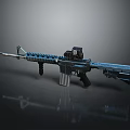 Blue Tactical Military Style Rifle With Modern Scope Magazine And Metallic Finish Design