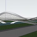 Modern White Curved Bridge Surrounded by Green Trees and Grass 3d model
