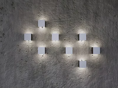 Multiple Modern White Square Wall Lamps Illuminating Textured Concrete Wall 3d model