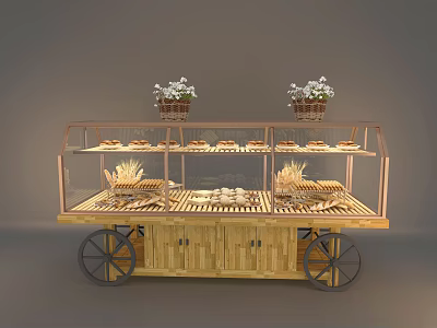 Wooden Display Shelf With Glass Showcase Wheels Bread And Flower Baskets 3d model