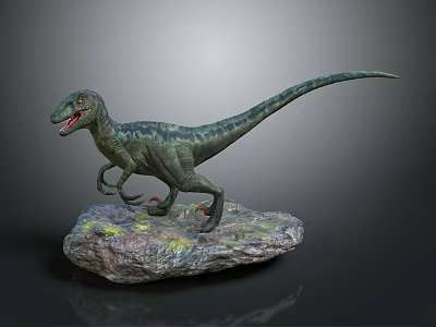 Realistic Green Dinosaur Model Standing on Rock Base with Open Mouth 3d model