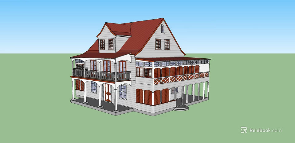 Two Story Detached House With Red Roof White Exterior Balcony And Porch 3d model 