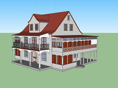 Two Story Detached House With Red Roof White Exterior Balcony And Porch 3d model