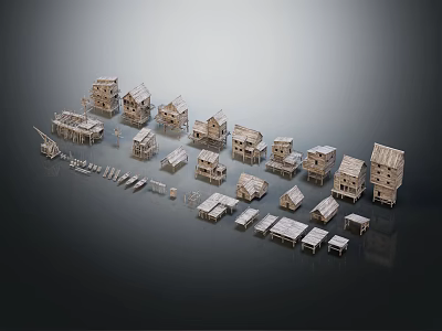 Miniature Rural Landscape With Wooden Small House Models Arranged On Gray Background 3d model