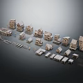 Miniature Rural Landscape With Wooden Small House Models Arranged On Gray Background