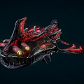 Menacing Mythical Creature with Glowing Yellow Eyes Red Luminous Parts and Sharp Fangs