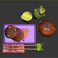 Colorful Decorated Food Items in Purple Lunch Box with Large Hamburger and Chopsticks