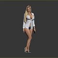 Blonde Woman Standing In Open Gray Shirt Holding Phone With Blue Underwear And High Heels
