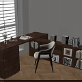 L shaped Wooden Desk With White Chair Bookshelf Books Photo Frames And Window Blinds