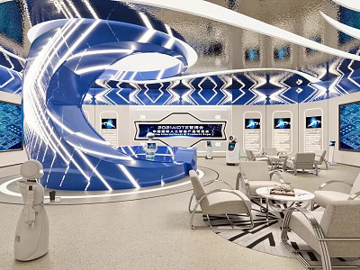 Modern Exhibition Hall With Curved Blue Lighting Display Screens Geometric Patterns And Seating 3d model