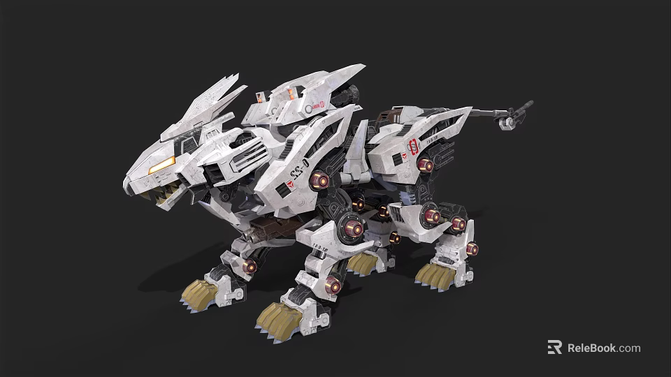 White Mechanical Lion With Intricate Metal Structure And Sharp Claws Design 3d model