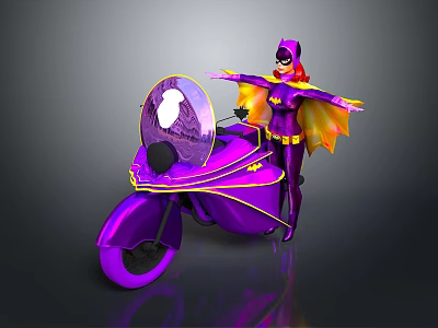 Masked Figure In Purple And Yellow Costume Standing By Vibrant Purple Motorcycle With Cape 3d model