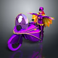 Masked Figure In Purple And Yellow Costume Standing By Vibrant Purple Motorcycle With Cape