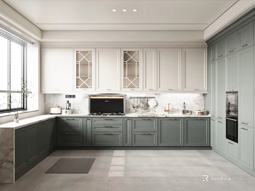 Modern Kitchen Interior Design With Gray Cabinets White Countertops And Island 3d model 
