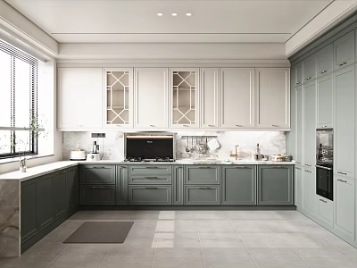 Modern Kitchen Interior Design With Gray Cabinets White Countertops And Island 3d model