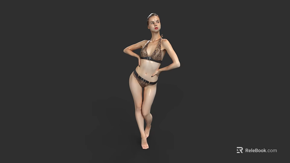 Woman In Brown Bikini Standing And Posing Against Black Background 3d model 
