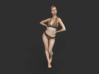 Woman In Brown Bikini Standing And Posing Against Black Background 3d model