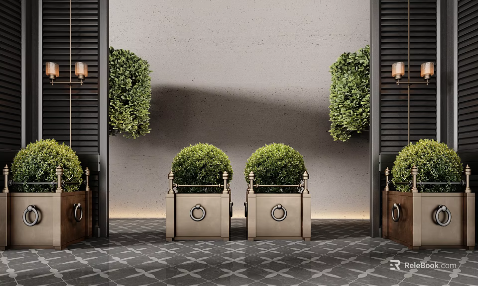 Symmetrical Potted Plants In Square Pots With Wall Lamps Gray Wall Black Strips Marble Floor 3d model 