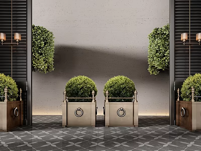 Symmetrical Potted Plants In Square Pots With Wall Lamps Gray Wall Black Strips Marble Floor 3d model