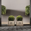 Symmetrical Potted Plants In Square Pots With Wall Lamps Gray Wall Black Strips Marble Floor