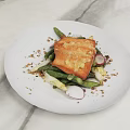 Delicious Grilled Salmon With Fresh Green Vegetables Radishes And Toasted Bread Crumbs