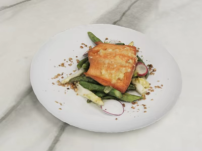Delicious Grilled Salmon With Fresh Green Vegetables Radishes And Toasted Bread Crumbs 3d model