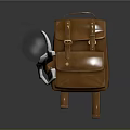 Brown Leather Backpack With Metal Buckles And Mechanical Arm Interaction On Dark Background