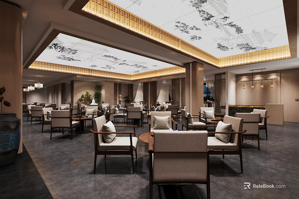 Traditional Chinese Teahouse Interior Design With Wooden Tables Chairs Ceiling Decorations And Chandeliers 3d model 