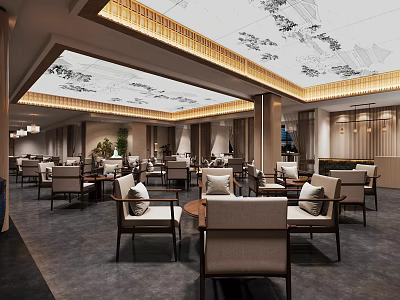 Traditional Chinese Teahouse Interior Design With Wooden Tables Chairs Ceiling Decorations And Chandeliers 3d model