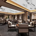 Traditional Chinese Teahouse Interior Design With Wooden Tables Chairs Ceiling Decorations And Chandeliers