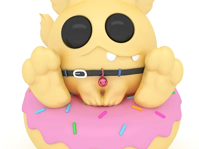 Cute Yellow Cartoon Doll with Big Black Eyes Sitting on Pink Donut with Colorful Sprinkles 3d model