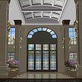 Luxurious Hotel Lobby With Ornate Ceiling Decorative Columns Arched Entrance Door And Marble Floor