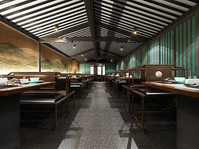 Traditional Chinese Restaurant Interior With Wooden Ceiling Long Tables And Green Panel Walls 3d model