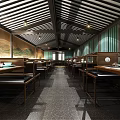Traditional Chinese Restaurant Interior With Wooden Ceiling Long Tables And Green Panel Walls