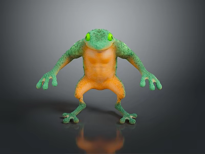 Green and Orange Frog 3D Model with Large Eyes on Black Surface Reflection 3d model