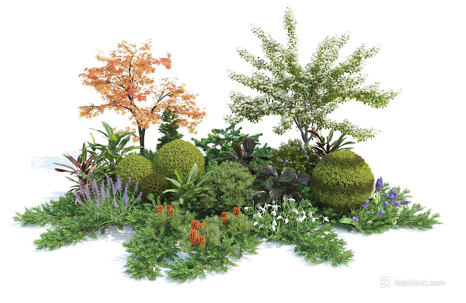 Diverse Garden Plants Including Trees Shrubs Rounded Green Bushes Purple Flowers And Orange Blooms 3d model 