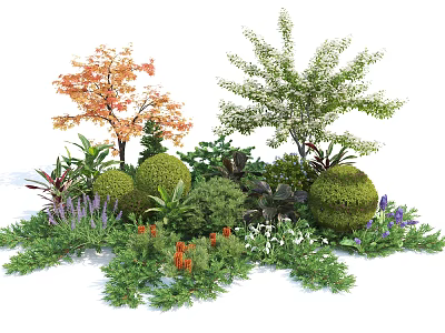 Diverse Garden Plants Including Trees Shrubs Rounded Green Bushes Purple Flowers And Orange Blooms 3d model
