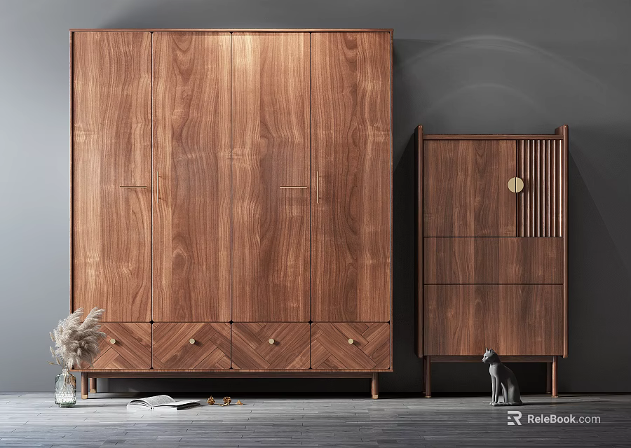 Modern Walnut Wood Wardrobe With Four Doors Drawers Matching Chest And Decorative Cat Figurine Dried Flowers 3d model 