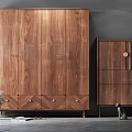 Modern Walnut Wood Wardrobe With Four Doors Drawers Matching Chest And Decorative Cat Figurine Dried Flowers
