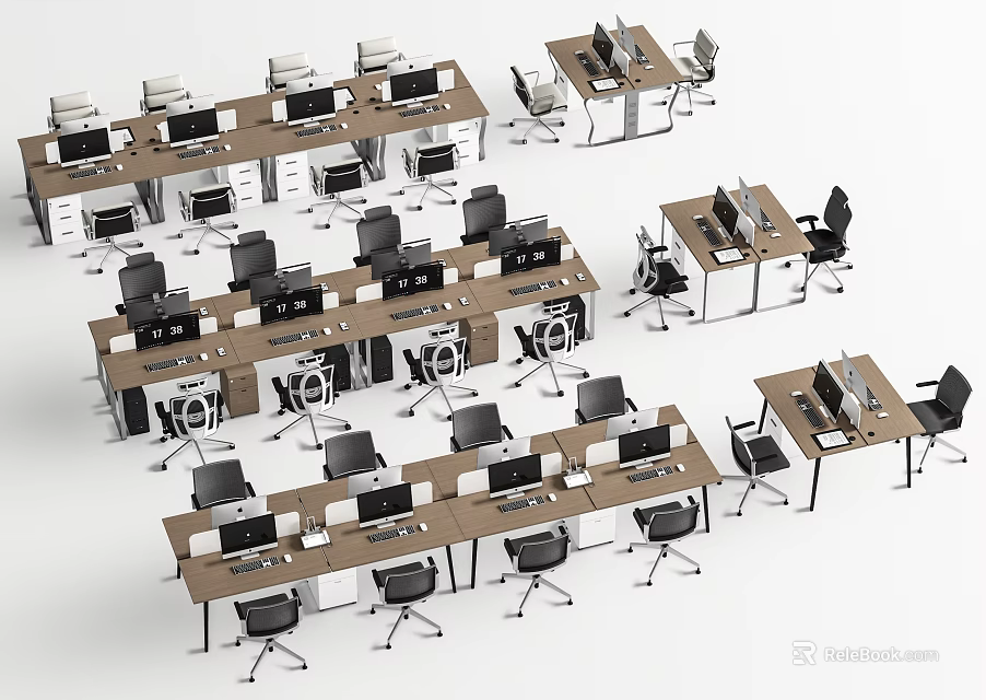 Modern Office Desks Neatly Arranged In Workspace Interior With Chairs And Computers 3d model 