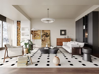 Modern Living Room Interior Design With Geometric Pattern Rug Sofa And Decorative Paintings 3d model