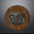 Circular Wooden Shield with Ram Head Decoration Metal Strips and Wood Grain