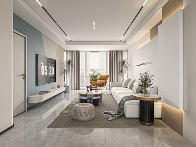 Modern Living Dining Room Interior With White Sofa Floor to Ceiling Windows and Green Plants 3d model